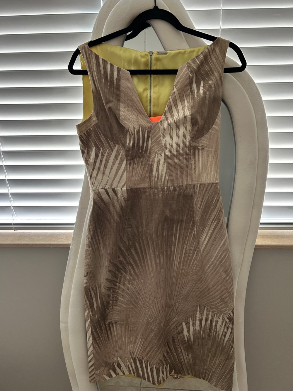 V-Neck Palm-Print Mini Dress in Brown